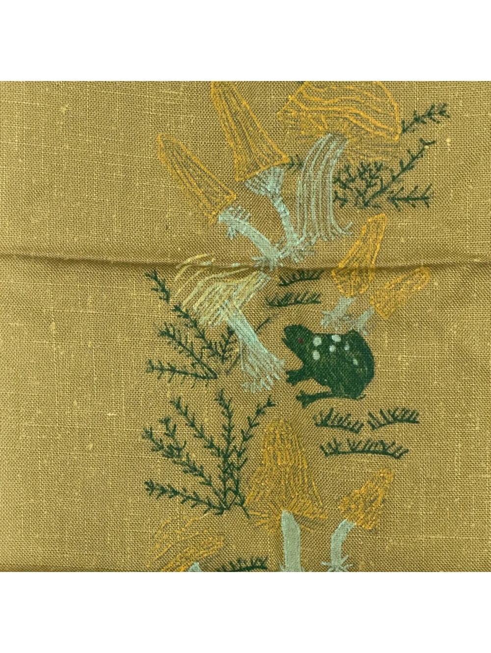 Vintage Hand Painted Drawn Folk Art Linen Wall Hanging Birds Mushrooms frogs